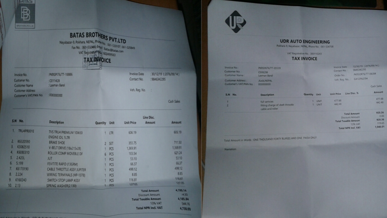 Payment bill of My Scotor Servicing